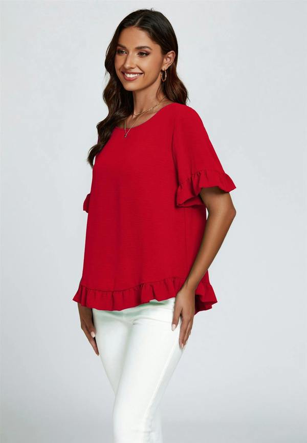 FS Collection Frill Detail Short Sleeves Top In Red