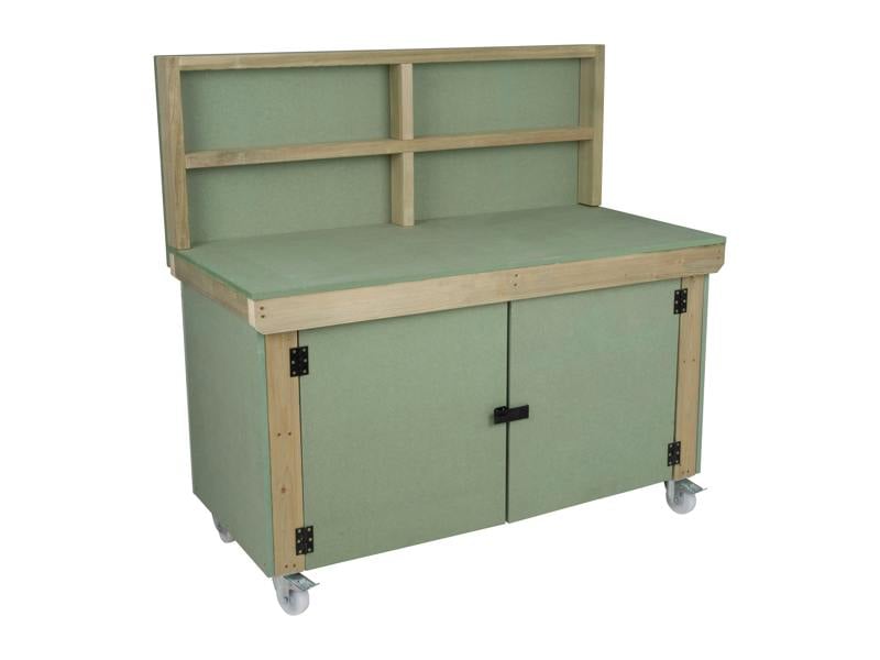 Arbor Garden Solutions Wooden UniMDF Moisture Resistant Workbench With Lockable Cupboard (V.9) With Back panel, Wheels