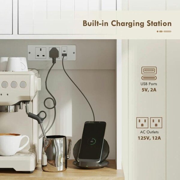 173 cm Tall Kitchen Cupboard with Charging Station, Pantry Storage Cabinet with Adjustable Shelves and 4 Door Racks