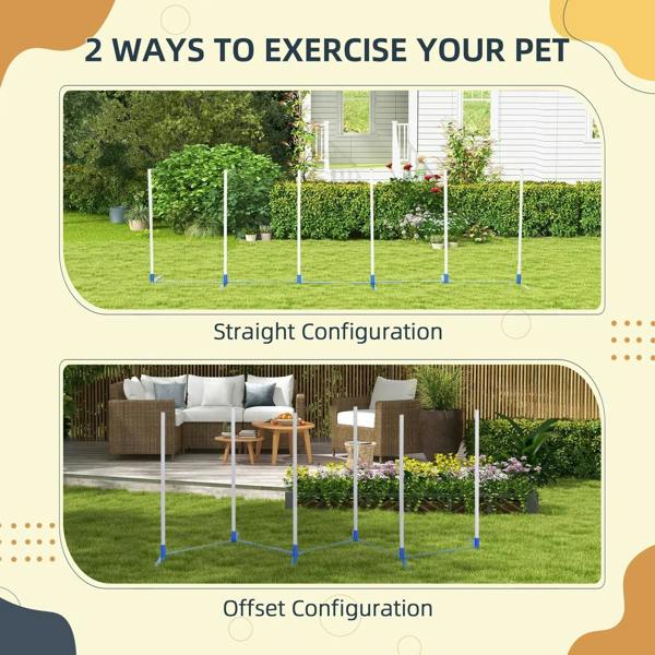 Dog agility obstacle course with upright poles in straight and offset layouts