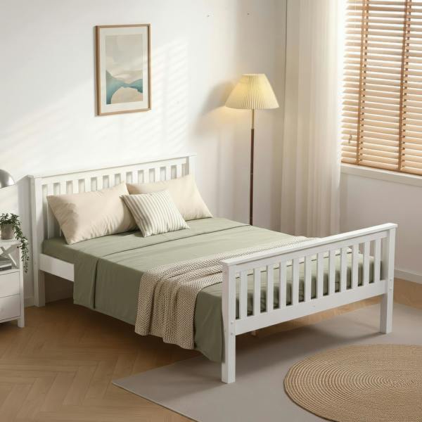 Mission TM Devon White Wooden Bed FrameDevon Solid Pine Bed Frame, Shaker Slatted Headboard and Footboard, 4 Sizes, Single to King