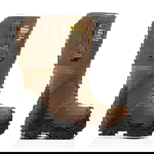 Buckbootz BSH010 Buckshot Mens Rigger Pull On Steel Safety Boots, durable brown leather work boot with steel toe protection and rugged sole.