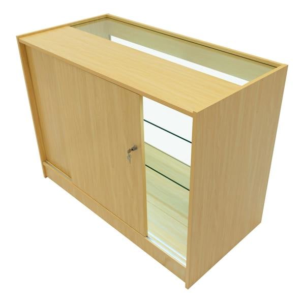 Maple Helios LED shop counter set with sliding door, glass shelves, and sleek design, ideal for retail display and organization