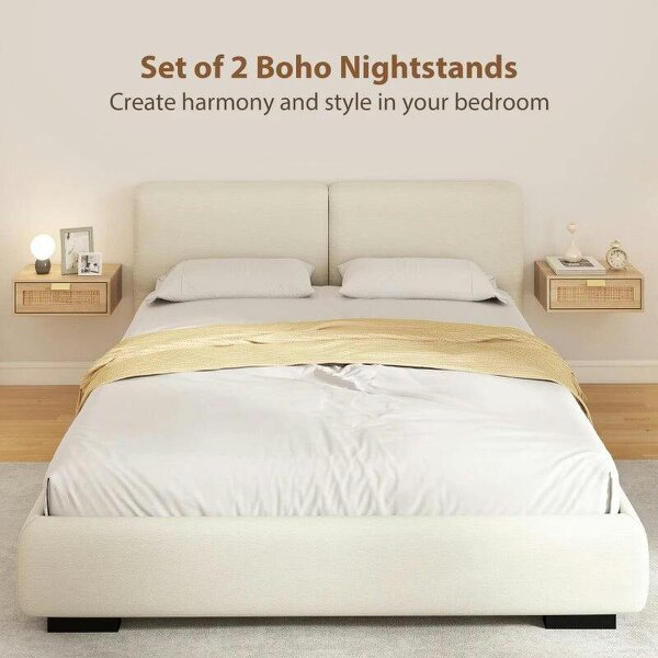 Floating Bedside Tables Set of 2, Wall Mounted Bedside Cabinets with Rattan Drawer and Wood Effect, Oak