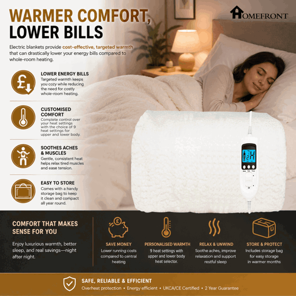 Homefront Single Luxury Fleece Electric Blanket With Digital Control, 9 Heat Settings and Timer Setting