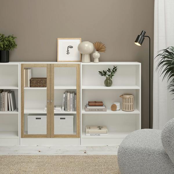 Furniture To Go Basic Low Wide Display Cabinet in White (2 Shelves) with 2 Glass Doors in Oak