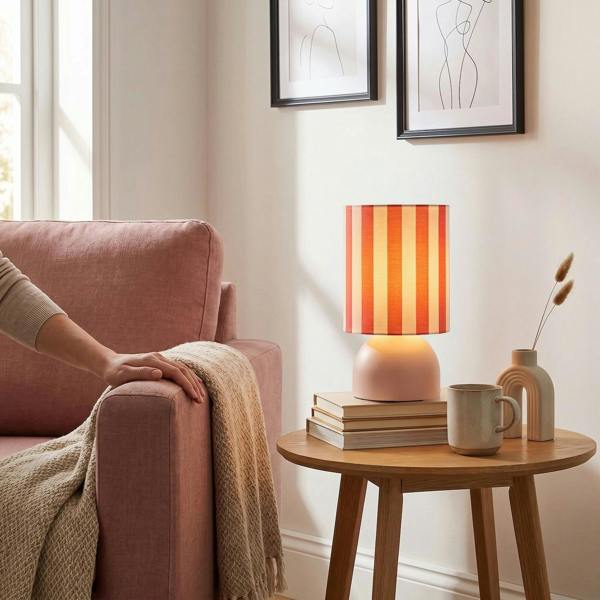 Chic Pastel Pink Domed Table Lamp with Vertically Striped Fabric Shade Image 6