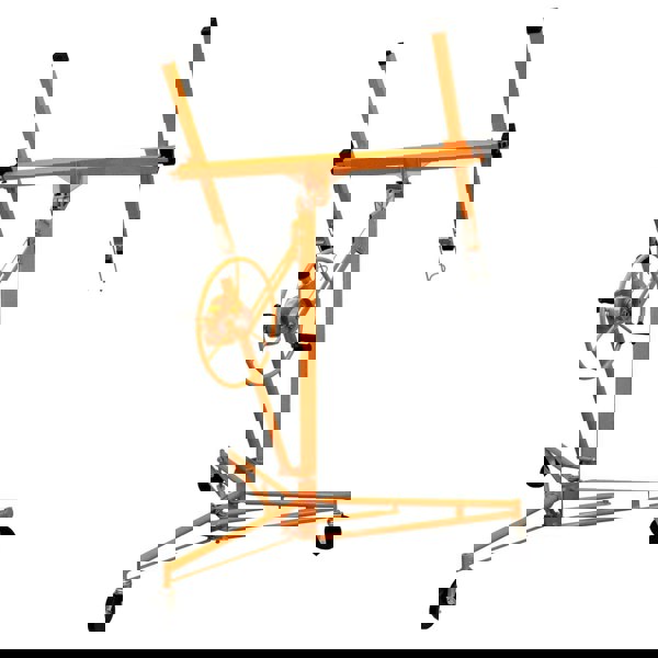16ft drywall and plasterboard lifter hoist in bright orange, featuring adjustable arms, sturdy wheels, and a hand crank...