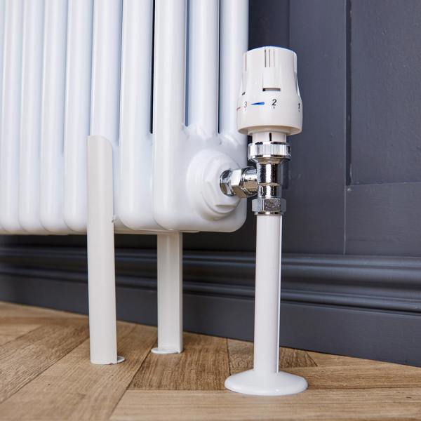 Flode Angled Round Thermostatic TRV & Lockshield With Shut Off | 15mm x 1/2″ | Gloss White