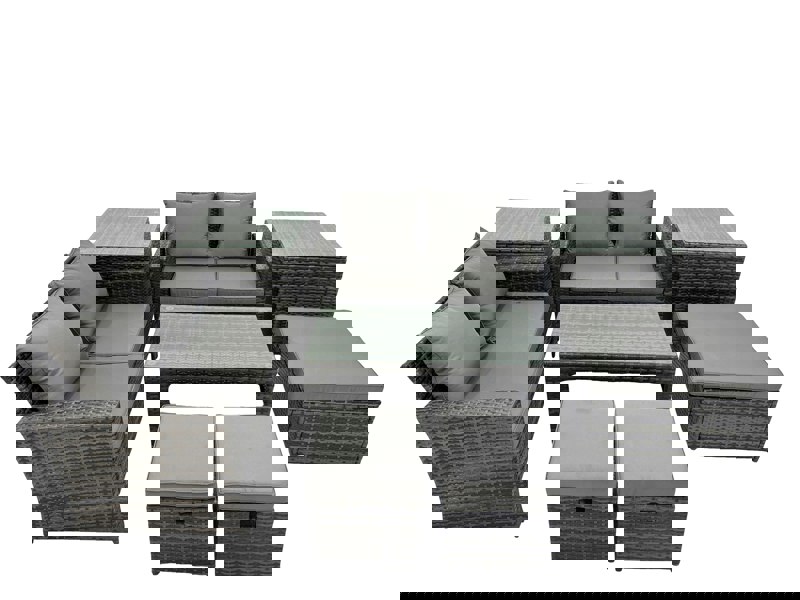 Fimous Outdoor Love Sofa Set 7 Seat Rattan Garden Furniture Set with Oblong Coffee Table 3 Footstools 2 Side Table Dark Grey Mixed