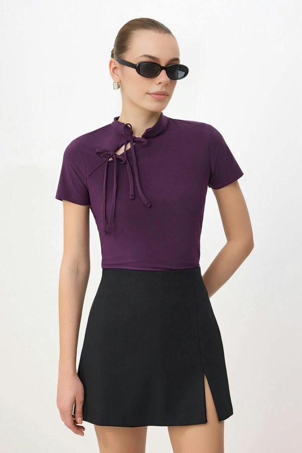 WOVCOR High Neck Tie Detail Fitted Long Sleeve Blouse