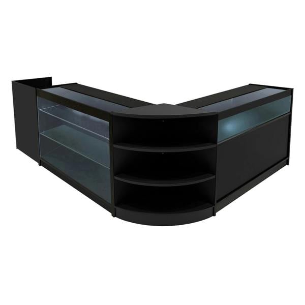 Black Hyperion LED shop counter set featuring sleek glass shelves, modern curved design, and integrated lighting for display