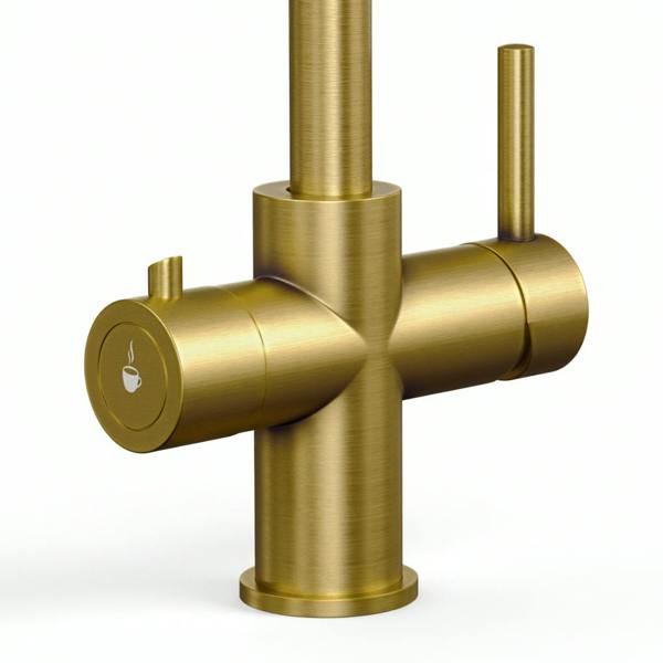 Brushed gold boiling water tap on a white background