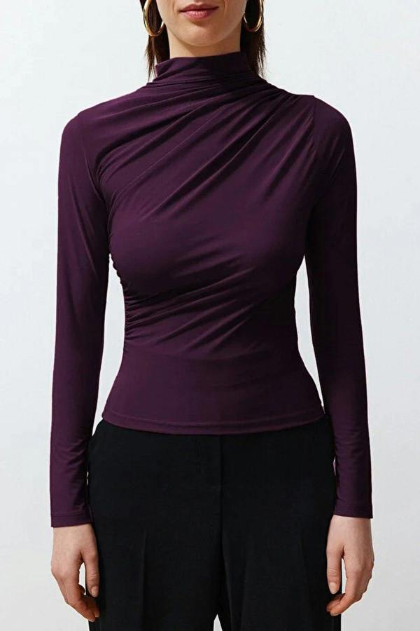WOVCOR Draped High Neck Long Sleeve Blouse