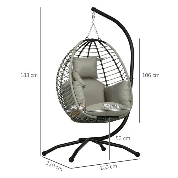 Grey hanging egg chair with padded seat and back cushions in woven shell
