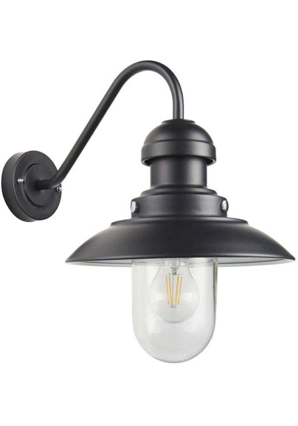 Matt Black Outdoor Fisherman Wall Light & Clear Glass Shade - Front Porch Light 