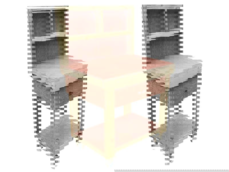 Wooden eucalyptus Top Workbench – Mobile Tool Cabinet with Drawers, Back Panel and wheels, Ideal for Dry Indoor Spaces Such as Garages, Workshops, and Studios.