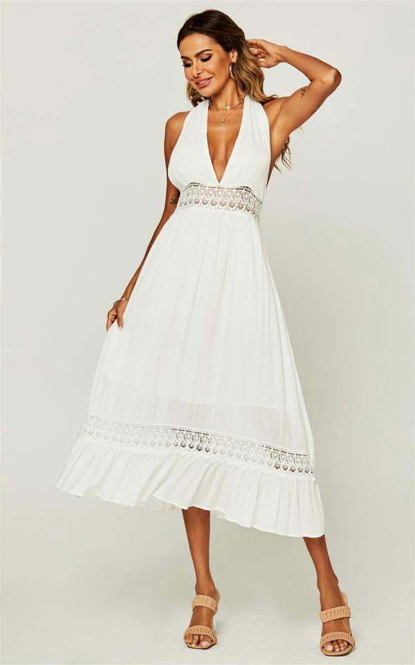 FS Collection V Neck Back Tie Detail Lace Midi Dress In Ivory White