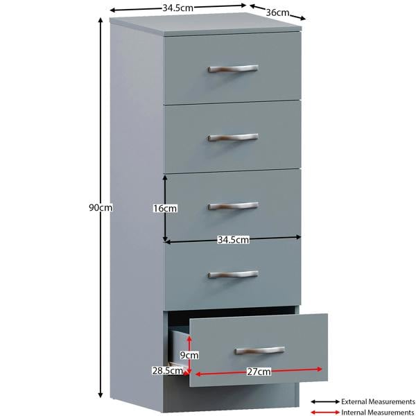 Vida Designs Riano 5 Drawer Narrow Chest, Black