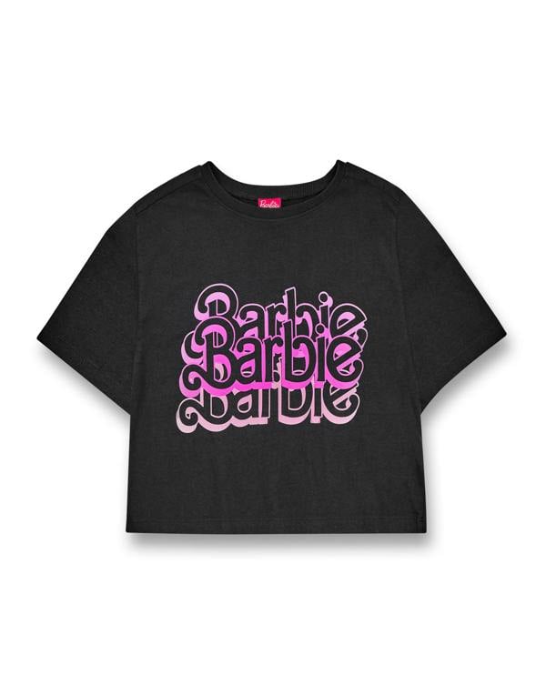 Barbie Womens Grey Triple Logo Cropped Short Sleeved T-Shirt