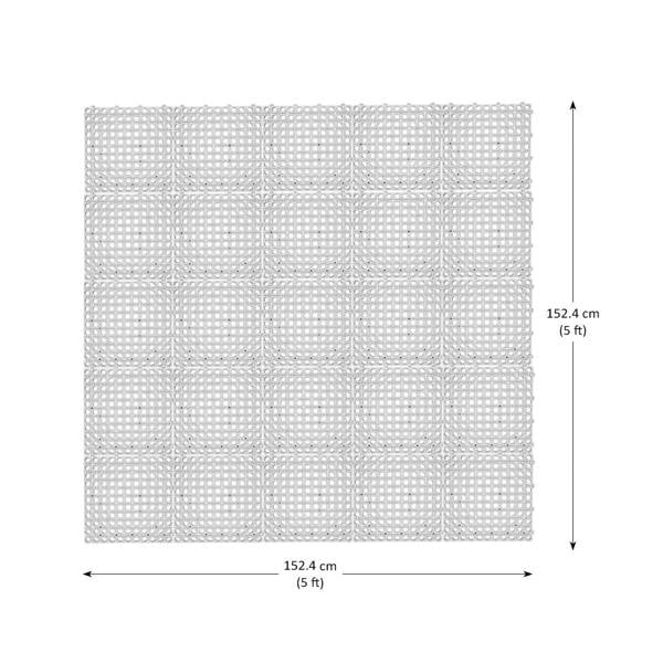 A square ski mat made of 25 interlocking tiles arranged in a 5×5 grid, forming a 152.4 cm by 152.4 cm (5 ft by 5 ft) surface.