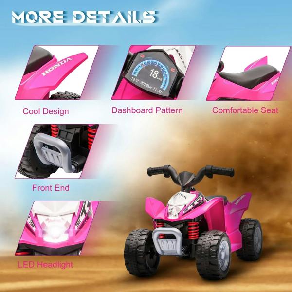 Pink kids Honda electric quad bike showing dashboard dial, front LED headlight, seat