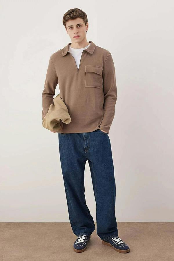 WOVCOR Polo Collar Zippered Men's Sweatshirt with Pocket Detail