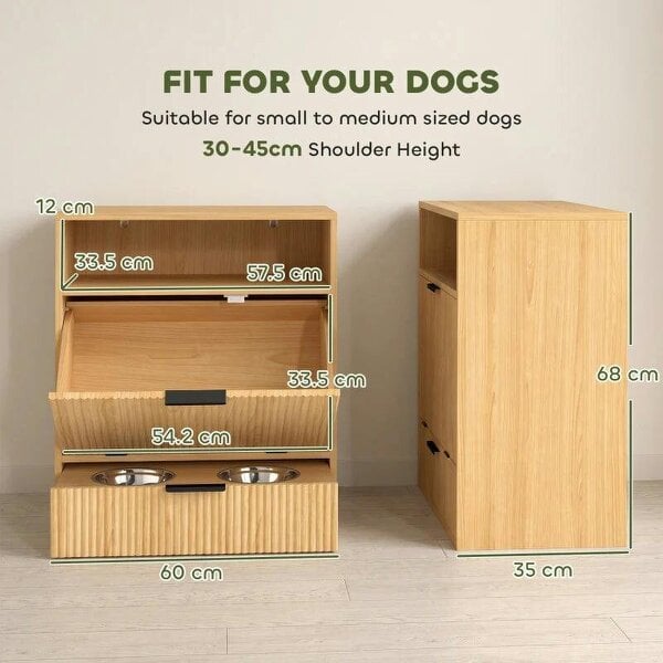 Pet Feeder Station with Storage, Dog Food Storage Container w/ 2 Raised Bowls, Tilt Out Cabinet, Slow Feeder Mat