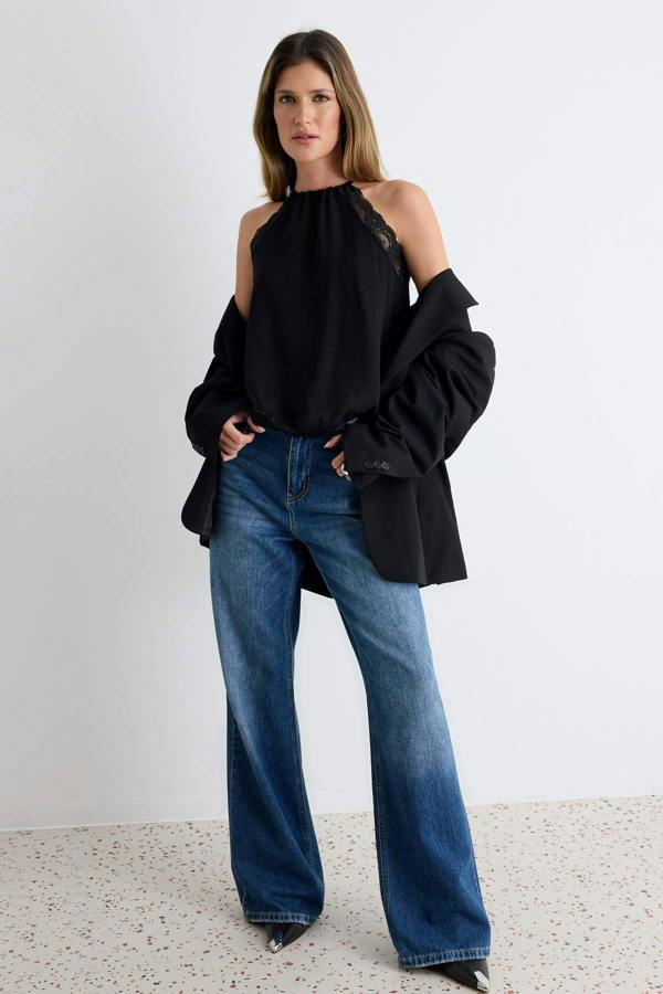 WOVCOR Lace Detail Halter Neck Sleeveless Woven Blouse