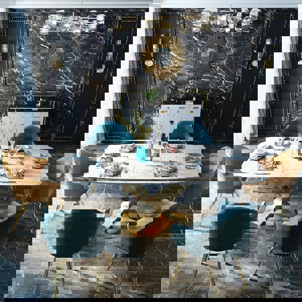 Detail view of LUCI Dining Table, Marble And Gold Metal with round dining table for 4