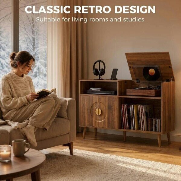 Bobobiy Record Player Stand, Vinyl Record Holder with Storage Holds Up to 300 Albums with Flip-Top Compartment, Walnut