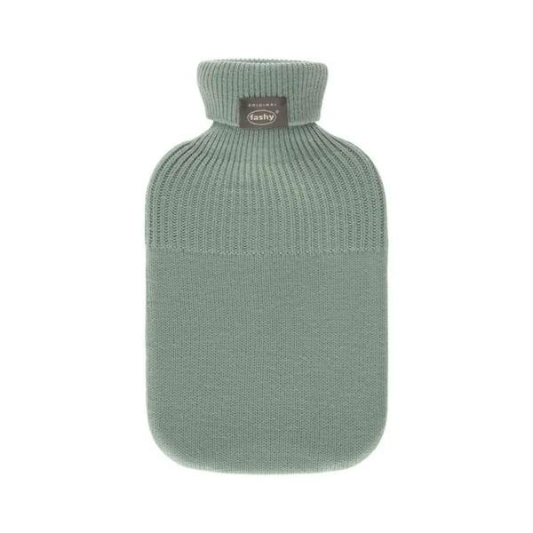 Sage green Fashy 2L hot water bottle with knitted ribbed turtleneck cover
