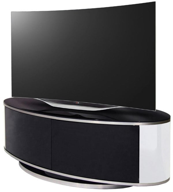 MDA Designs LUNA Gloss Black Oval Cabinet with White Profiles and Black BeamThru Glass Doors Suitable for Flat Screen TVs up to 50"