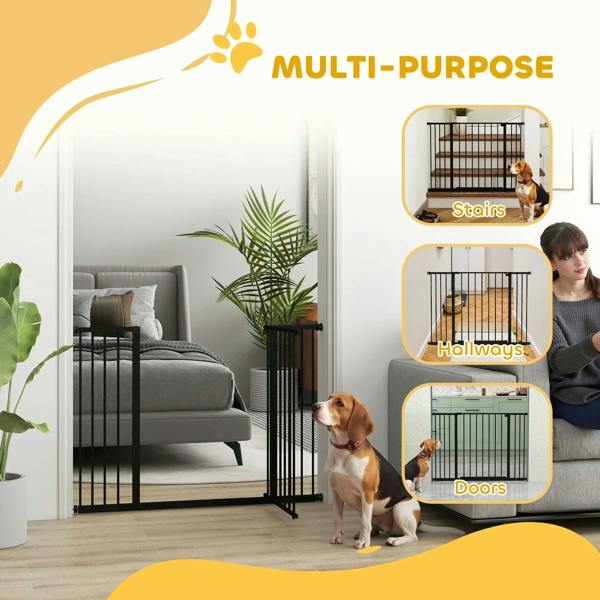Black multi-use pet safety gate with vertical bars for doors, stairs, and hallways