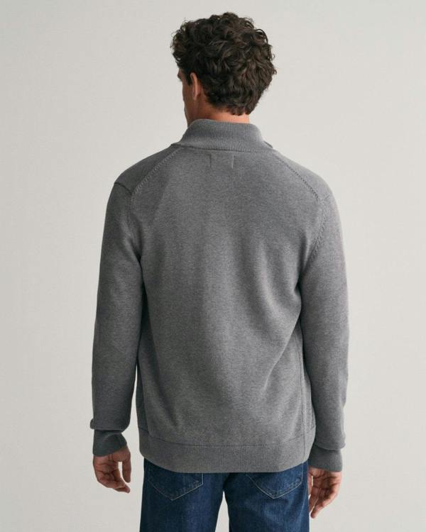 GANT Mens Casual Cotton Zip Cardigan - 92 Dark Grey Melange - CHO - Designer Mens Cardigans
