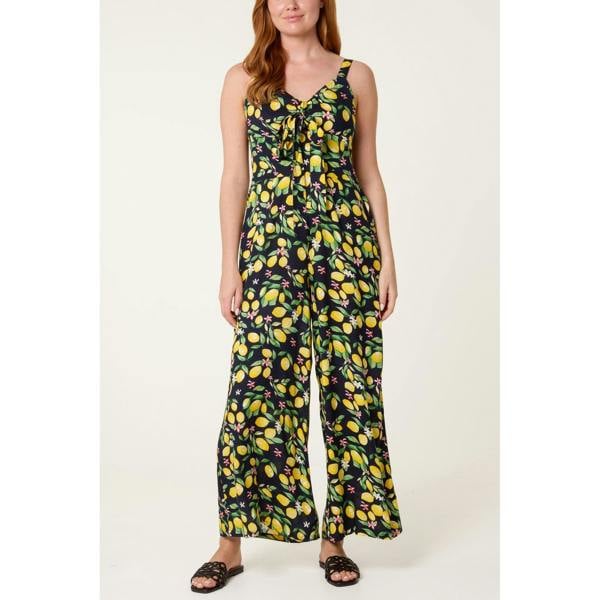 Blue Vanilla Lemon Print Front Tie Jumpsuit