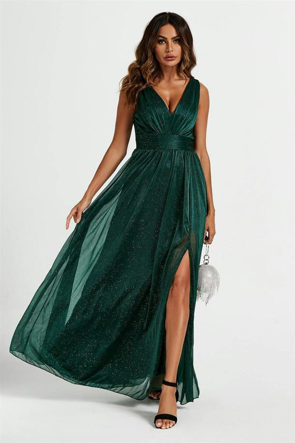 FS Collection Sparkly V Neck Bridesmaid Maxi Dress In Green