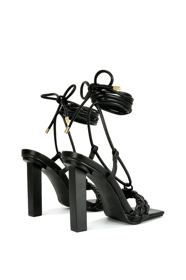 XY LONDON Woven Strap Lace Up Strappy Block Square Toe Heels
