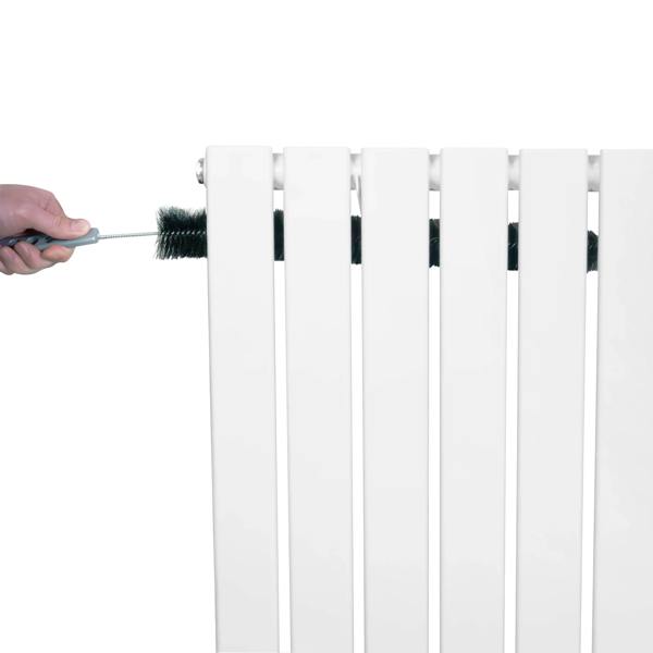 Flat single column radiator in white, 1800 x 420mm, being cleaned with a brush, showcasing its sleek design and smooth finish