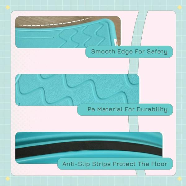 Teal kids balance board details: smooth edge, textured PE surface, anti-slip strips.