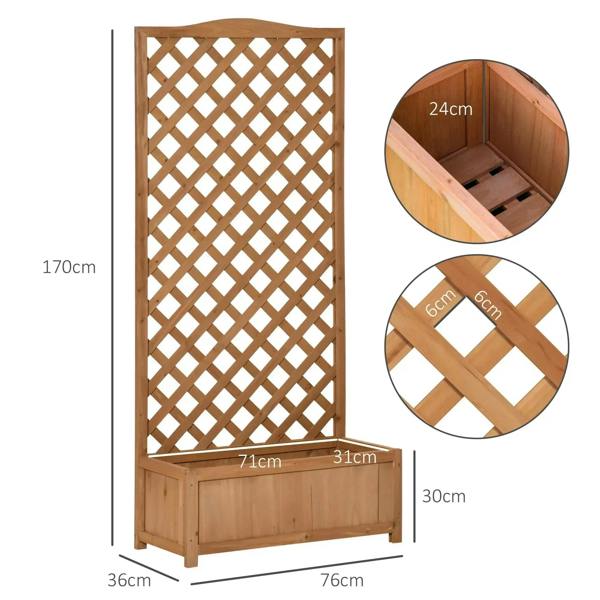 Brown wooden planter box with trellis lattice, size diagram view and dimensions