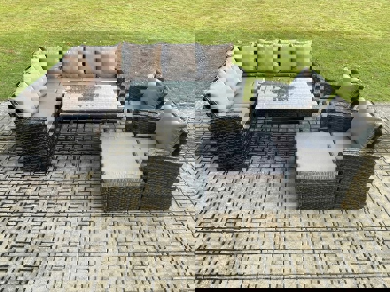 Fimous High Back Outdoor Garden Furniture Set Rattan Corner Sofa Dining Table Set With Big Footstool Armchair Dark Grey Mixed