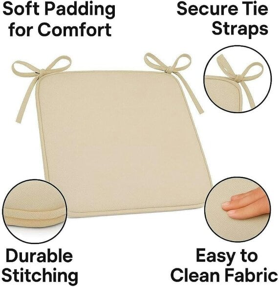 Night Zone Square Chair Seat Pads 38 x 38cm – 3cm Thick Foam Dining Chair Cushions with Ties