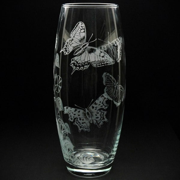 Glyptic Glass Art Convolvulus and Butterfly Glass Botanica Vase - Hand Etched/Engraved Gift