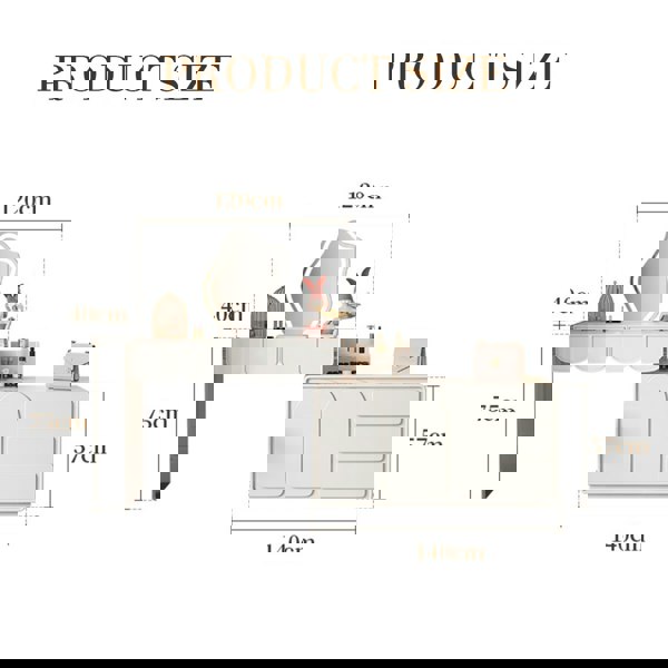 Zenith Dressing Table With Sideboard & LED Mirror, Cream with black glass sideboard