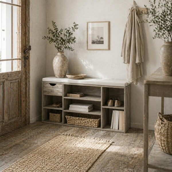 Wyld Haus Neba Wooden Grey Shoe Storage Bench With Cushioned Seat