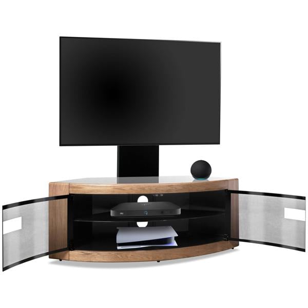 Homeology PANGEA Black/Oak Beam-Thru Curved True-Corner 32"-50" TV Cabinet with Mounting Arm