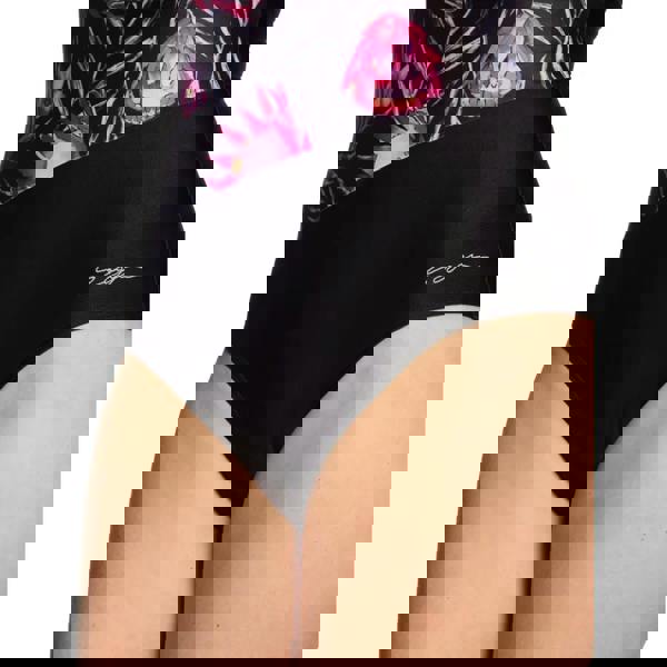 Zoggs Safari Leaf black high-waisted swimsuit with pink floral crossover top