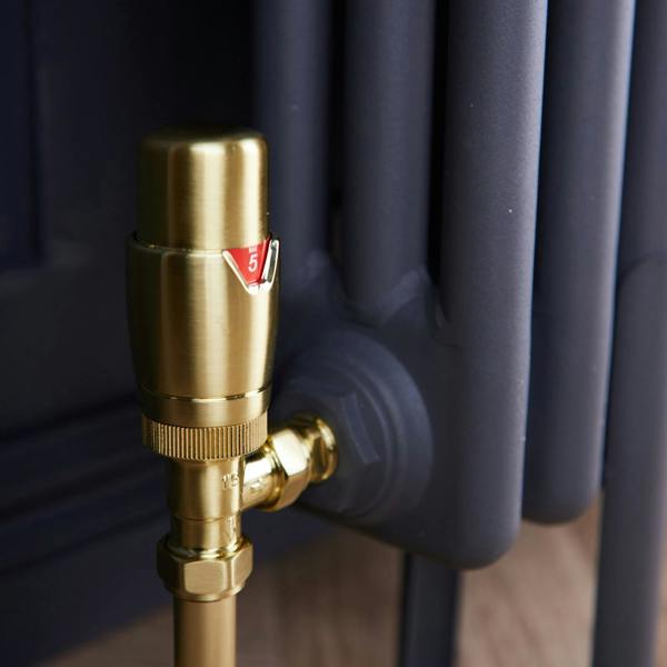 Flode Angled Thermostatic Radiator Valve Pack | 15mm x 1/2" | Brushed Brass
