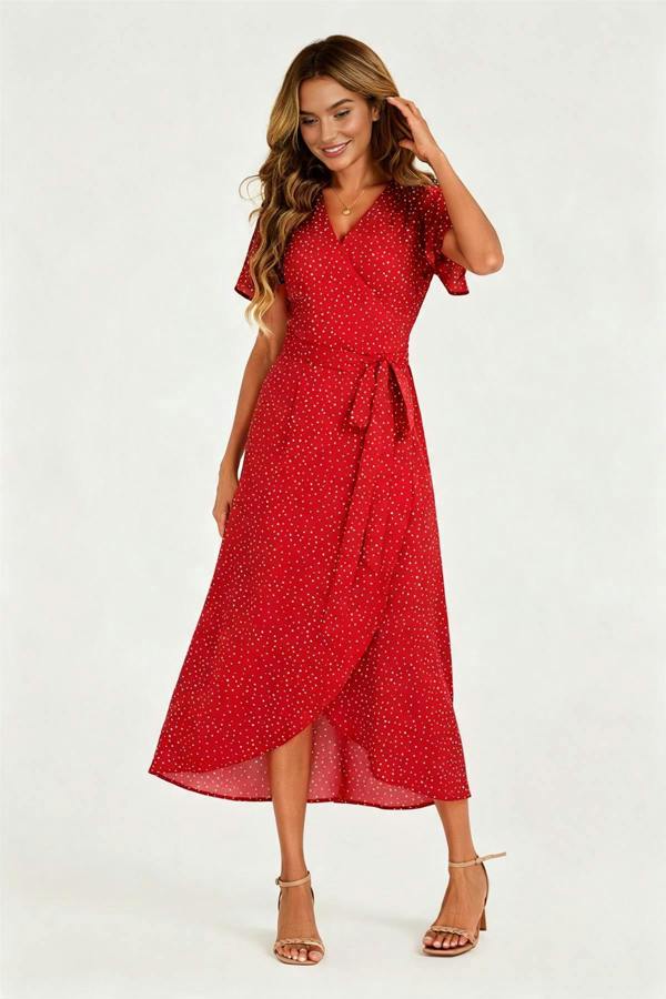 FS Collection Polka Dot Print Wrap Dress In Red